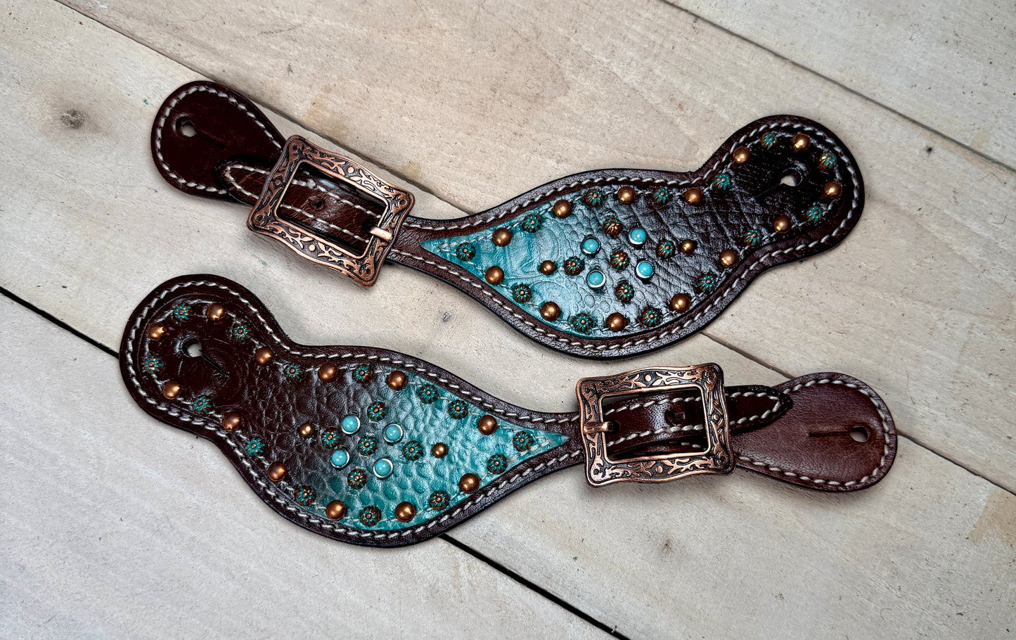 Brown and Teal Studded Leather Spur Straps