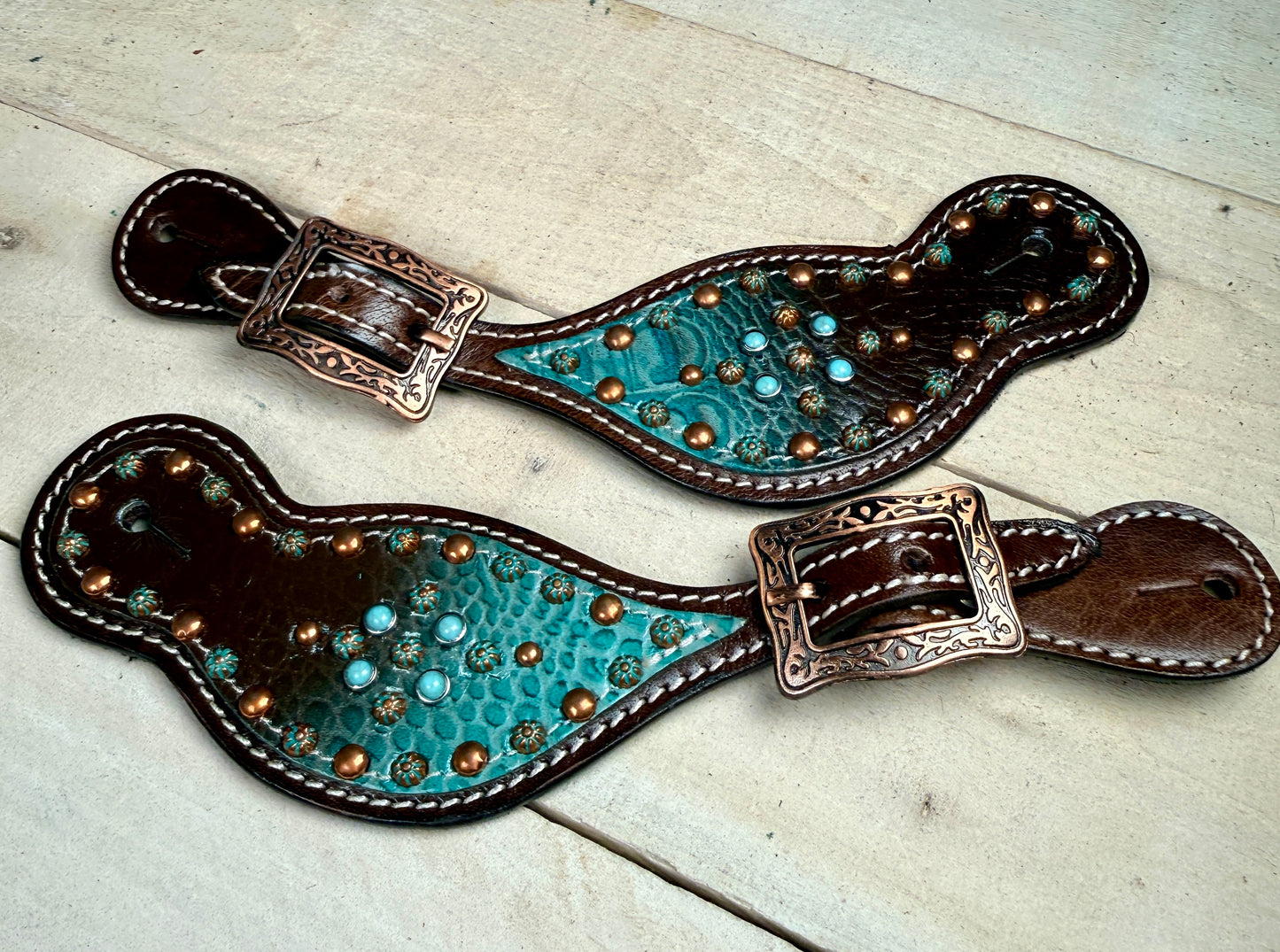 Brown and Teal Studded Leather Spur Straps