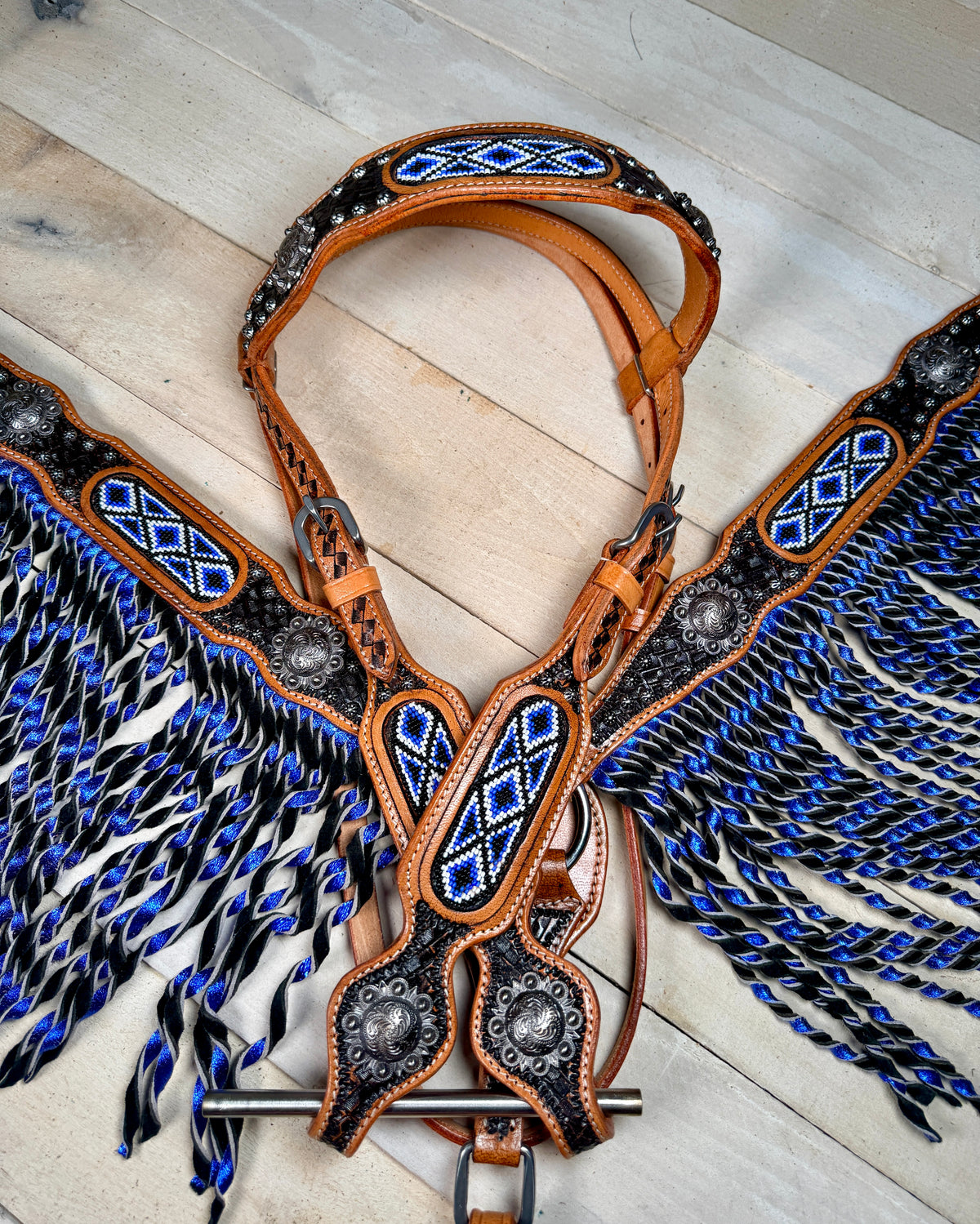 Nightsahde Black and Blue Beaded Fringe Tack Set