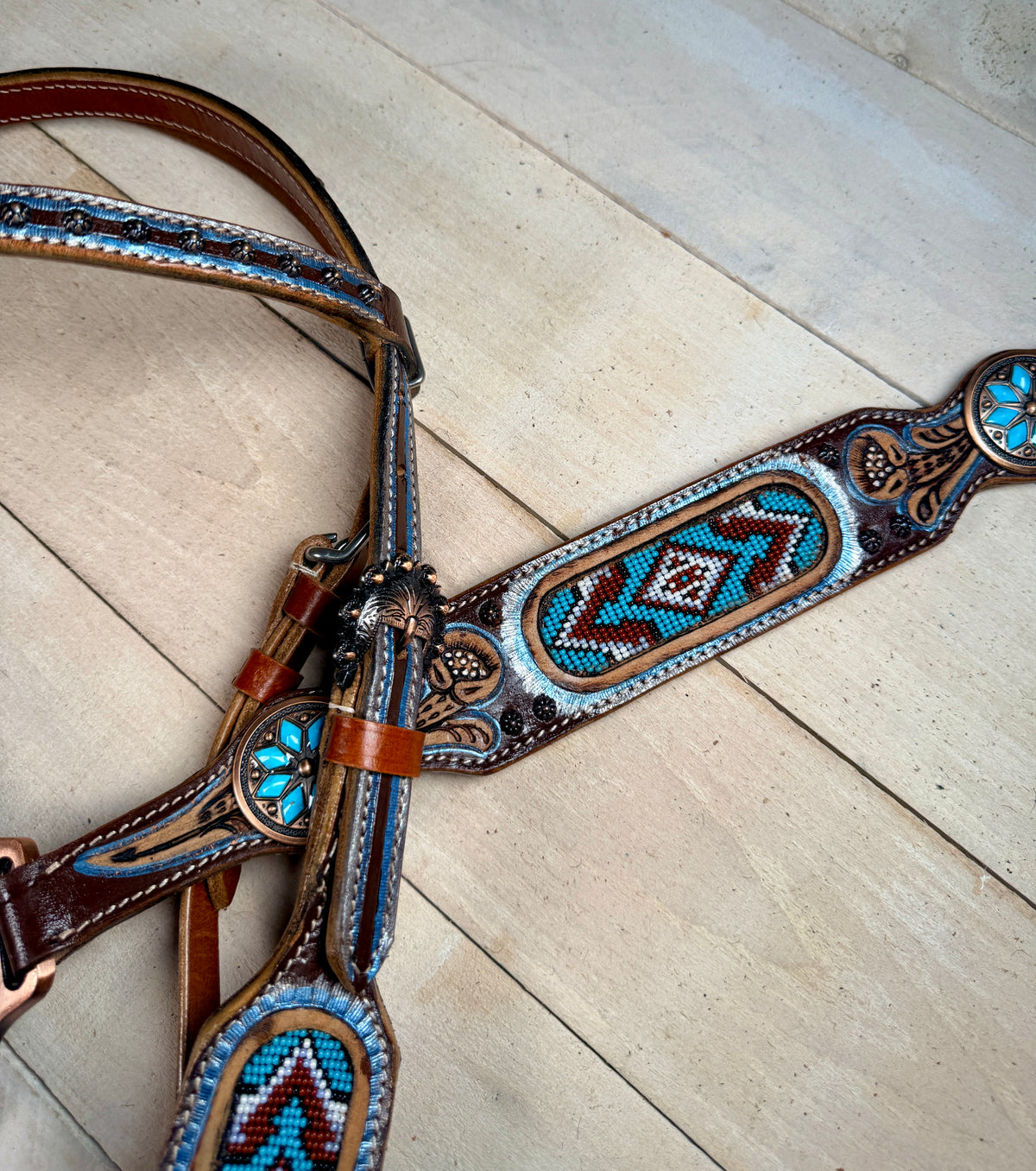 Light Blue and Burgandy Beaded Tack Set