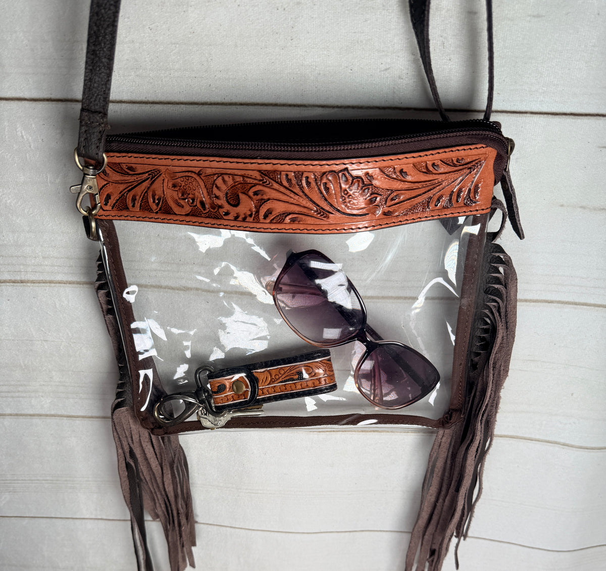 Clear Floral Tooled Fringe Crossbody Bag