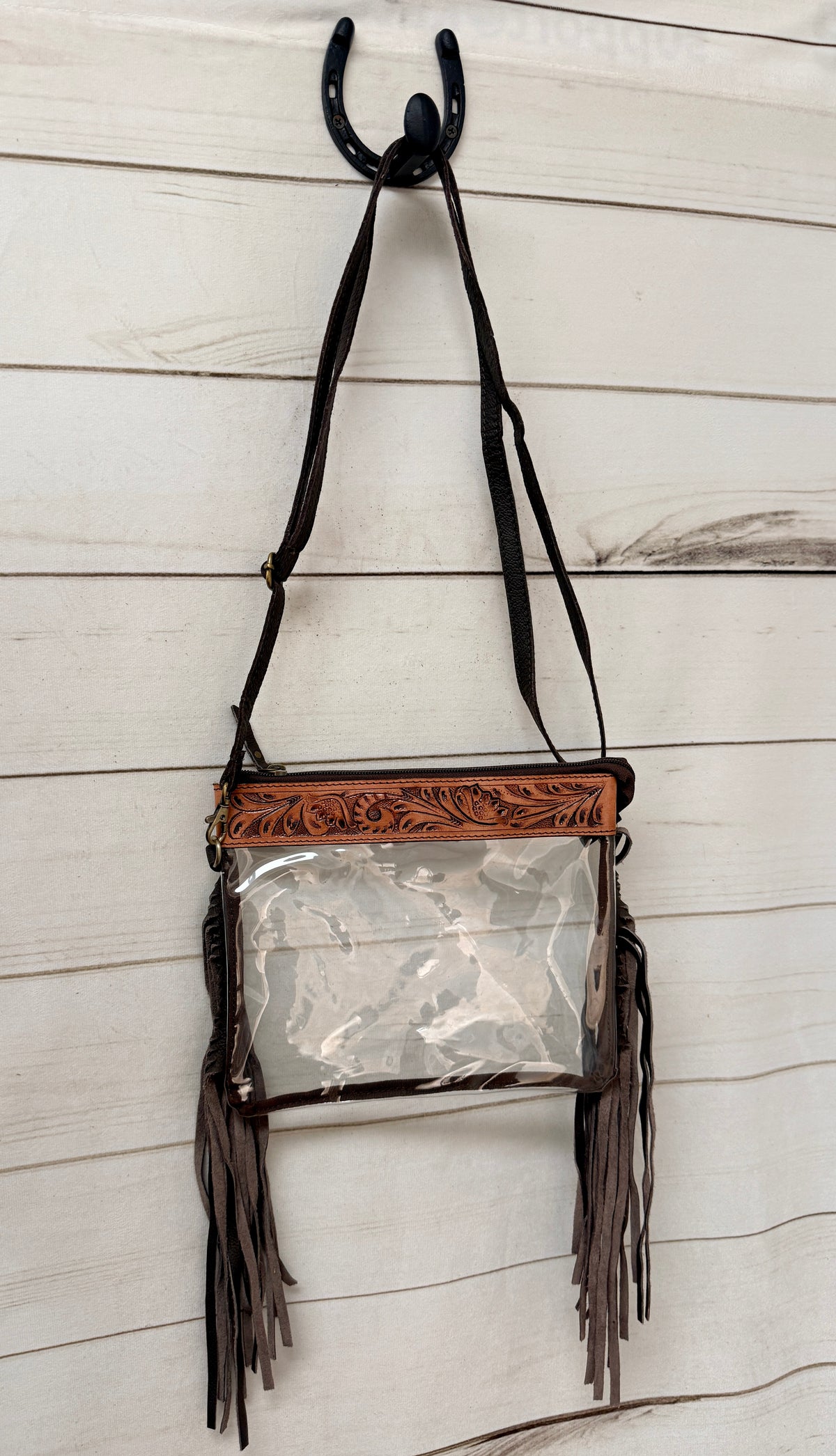 Clear Floral Tooled Fringe Crossbody Bag