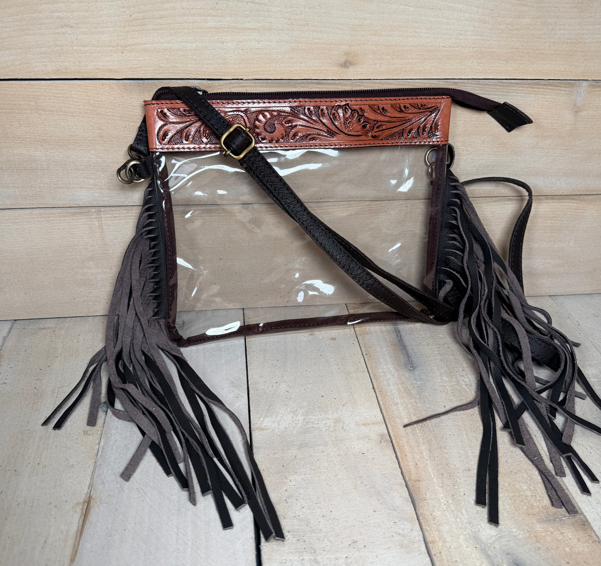 Clear Floral Tooled Fringe Crossbody Bag