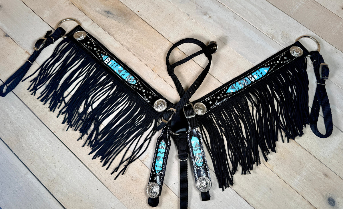 Black and Turquoise Nylon Fringe Tack Set