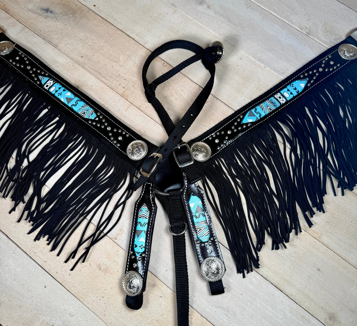 Black and Turquoise Nylon Fringe Tack Set