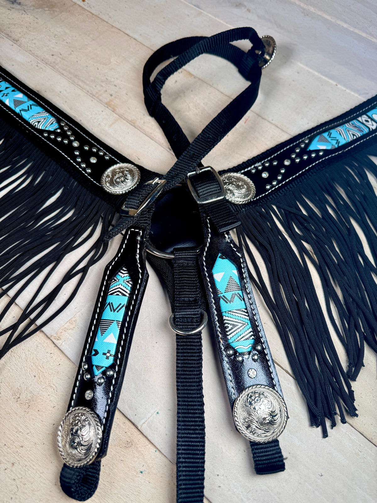 Black and Turquoise Nylon Fringe Tack Set