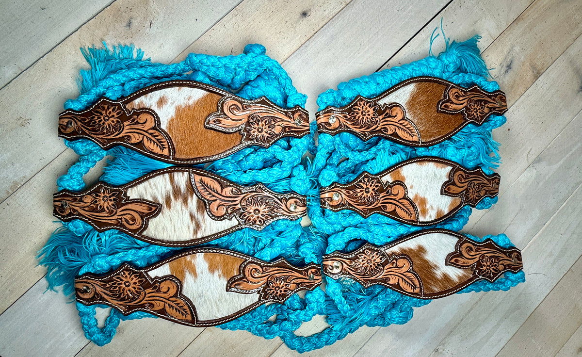 Cowhide Floral Leather Tooled Band Halter on Turquoise Nylon Muletape