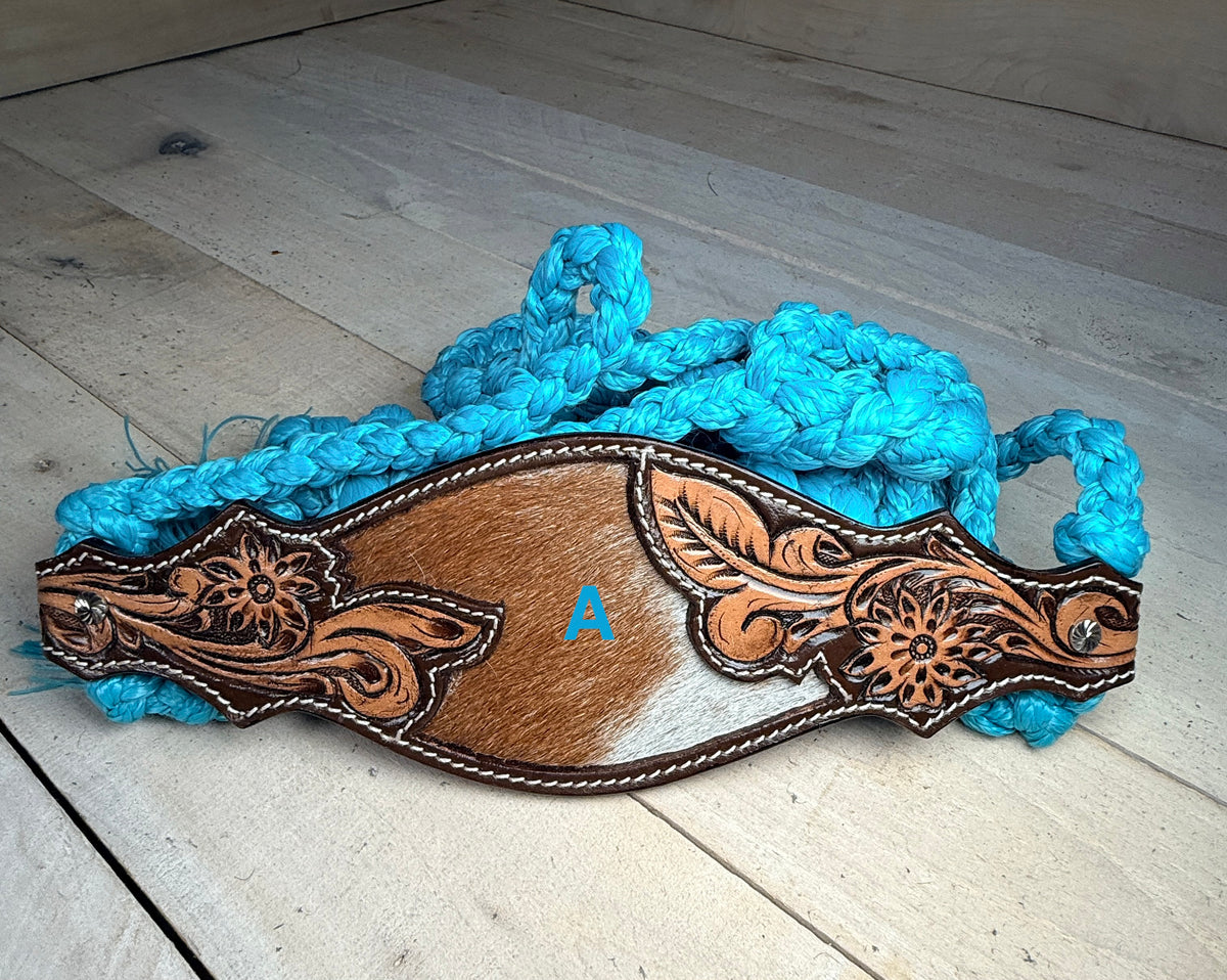 Cowhide Floral Leather Tooled Band Halter on Turquoise Nylon Muletape