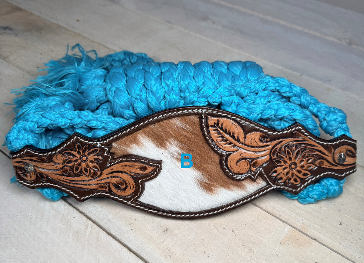 Cowhide Floral Leather Tooled Band Halter on Turquoise Nylon Muletape