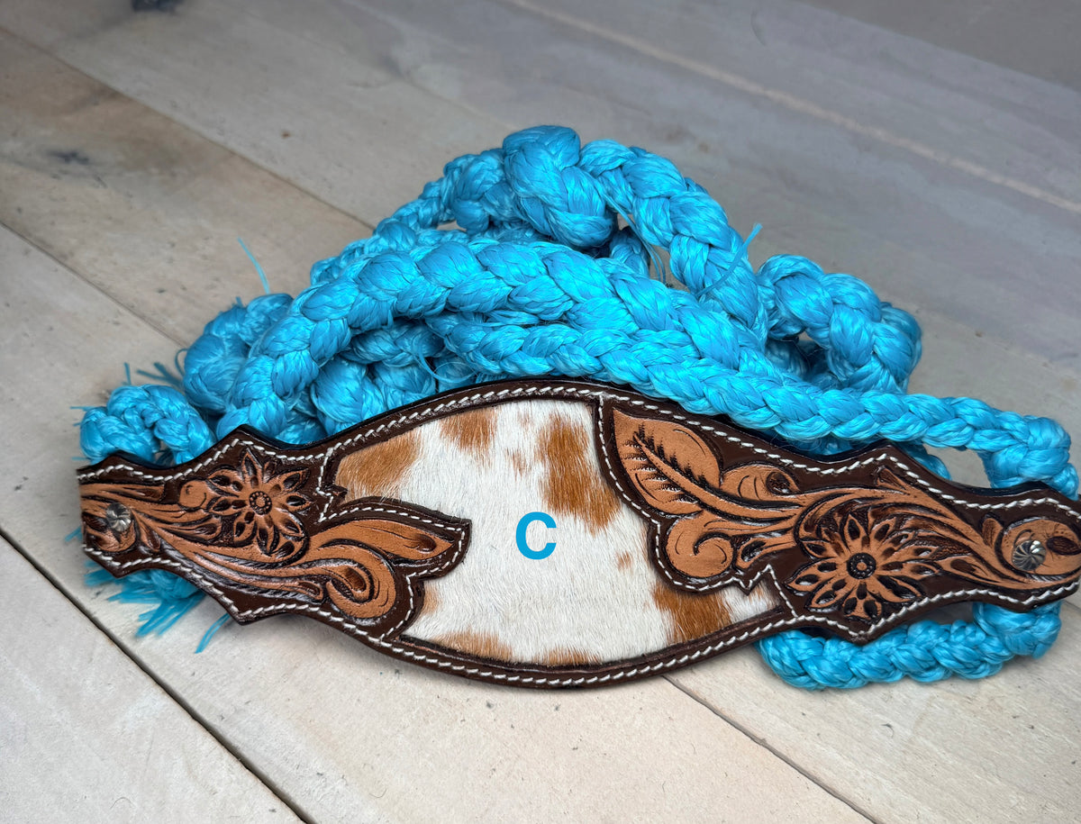 Cowhide Floral Leather Tooled Band Halter on Turquoise Nylon Muletape