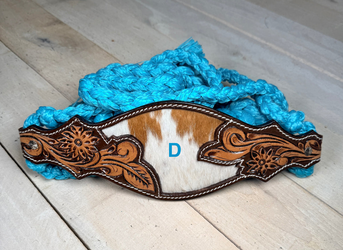 Cowhide Floral Leather Tooled Band Halter on Turquoise Nylon Muletape
