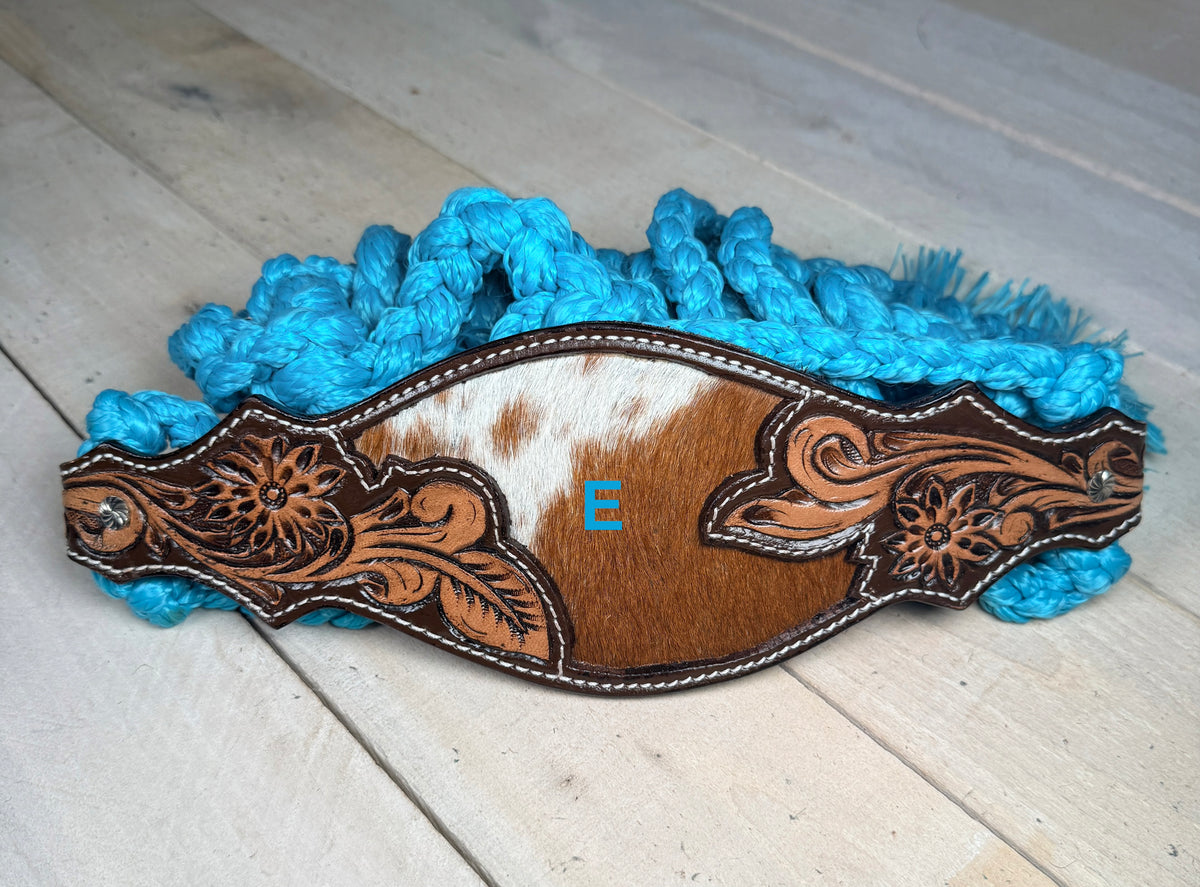 Cowhide Floral Leather Tooled Band Halter on Turquoise Nylon Muletape