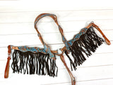 Teal Blue and Brown Floral Tooled with Brown Suede Fringe Tack Set