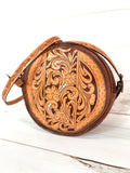 Two Tone Leather Floral Tooled Round Canteen Crossbody Bag