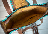 American Cowhide and Turquoise Leather Whipstitched Medium Tote