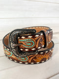 Sunflower Feather Paisley Tooled Leather Woman’s Belt