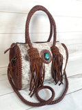 Cowhide Leather Braided Handle Fringe Handbag