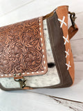 Criss Cross Stitch Cowhide with Tooled Flap Tote by Showman