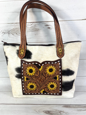 Cowhide & Sunflower Painted and Tooled Pocket Tote