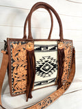 Diamond Aztec Black and Cream Pattern Wool Large Tote with Dark Leather Floral Tooling