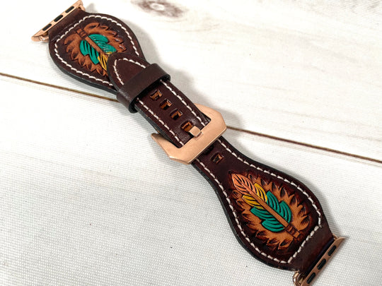 Turquoise and Yellow Feather Tooled Leather Watch Band