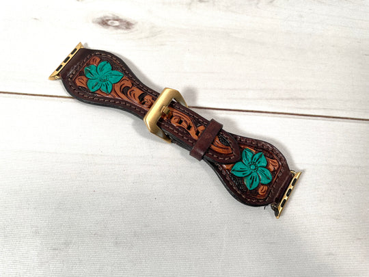 Blue Wildflower Tooled Leather Watch Band