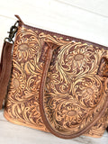 Floral Tooled Buckstitch Leather Tote