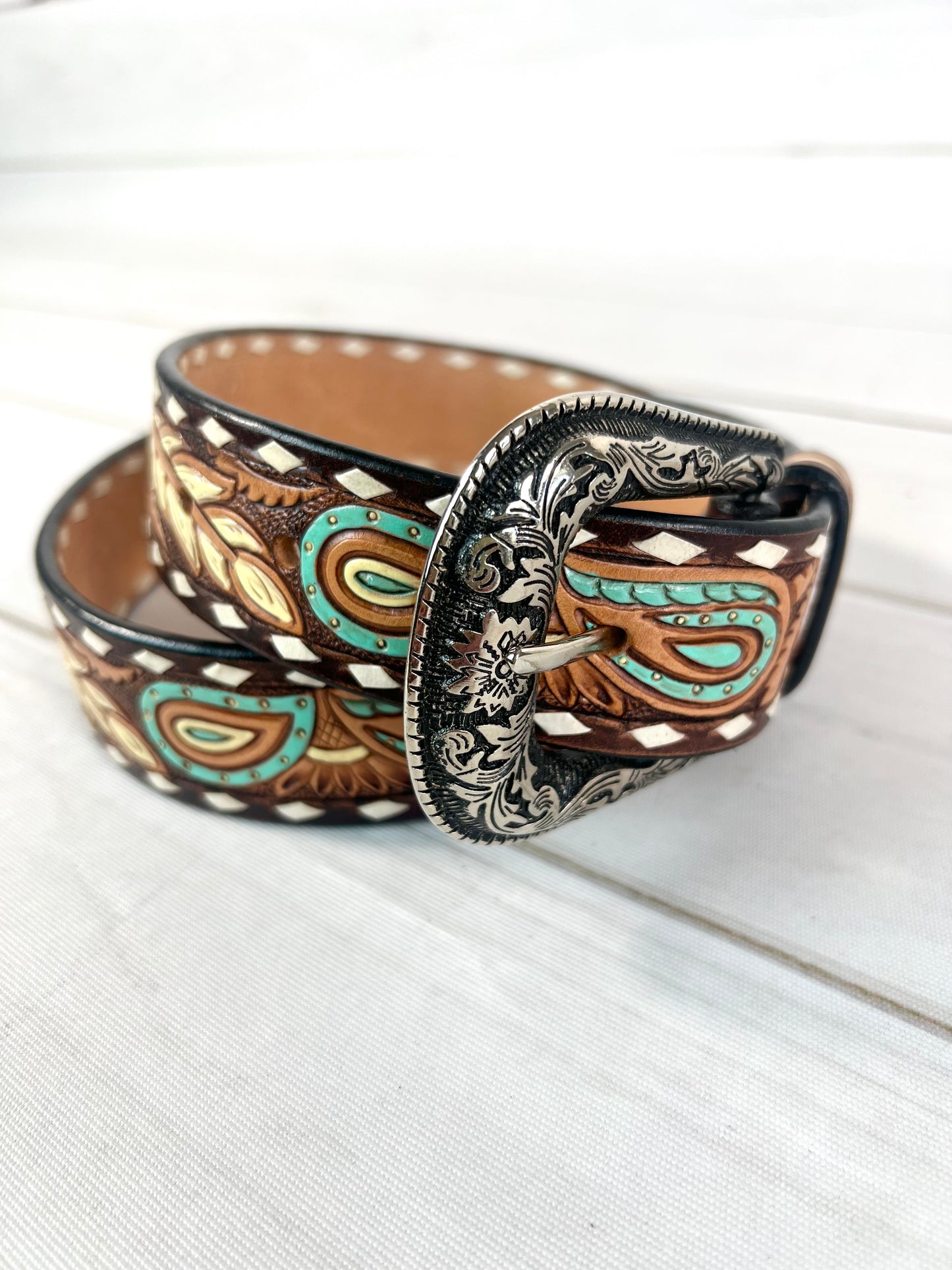 Sunflower Feather Paisley Tooled Leather Woman’s Belt
