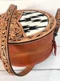 Cream and Black Wool and Leather Round Canteen Crossbody Bag