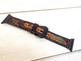 Turquoise Feather Tooled Brown Leather Watch Band