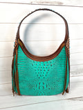Turquoise and Brown Alligator Pattern Leather Hobo