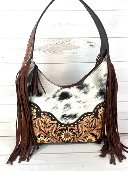 Light and Dark Leather Floral Tooled Cowhide Hobo Handbag