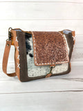 Criss Cross Stitch Cowhide with Tooled Flap Tote by Showman