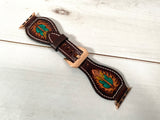 Turquoise and Yellow Feather Tooled Leather Watch Band
