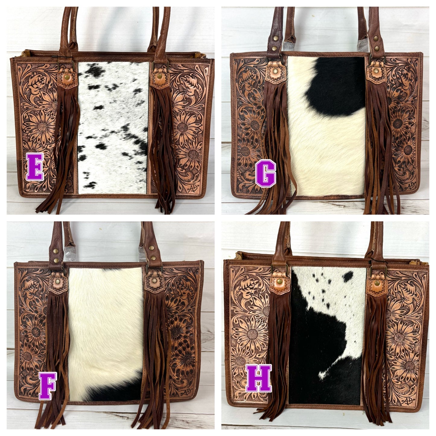 Prescott Black Grey Hide Tote with Leather Tooled Sunflowers