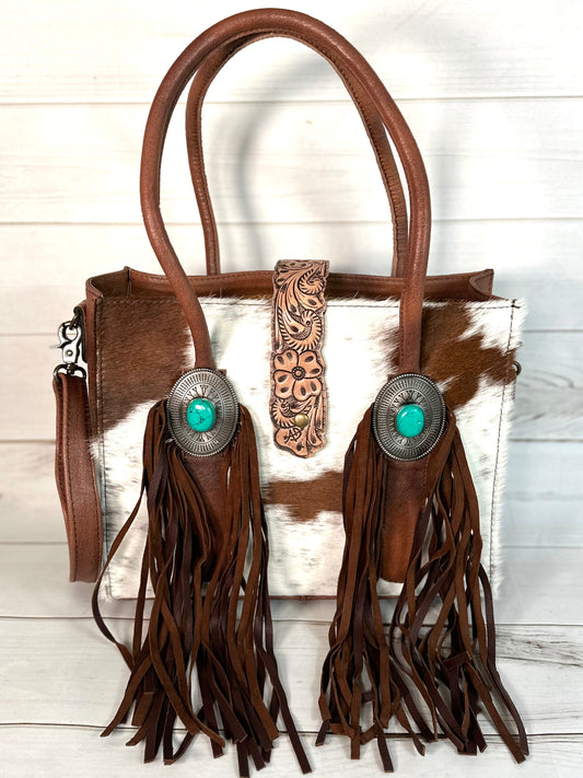 Cowhide and Leather Turquoise Concho Arm Tote