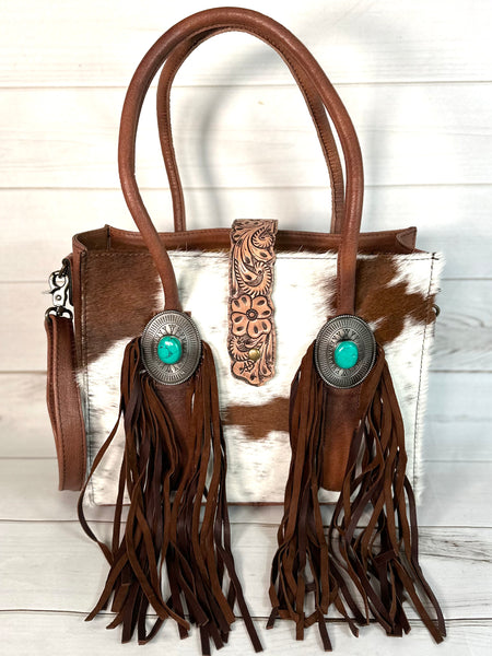 Cowhide and Leather Turquoise Concho Arm Tote