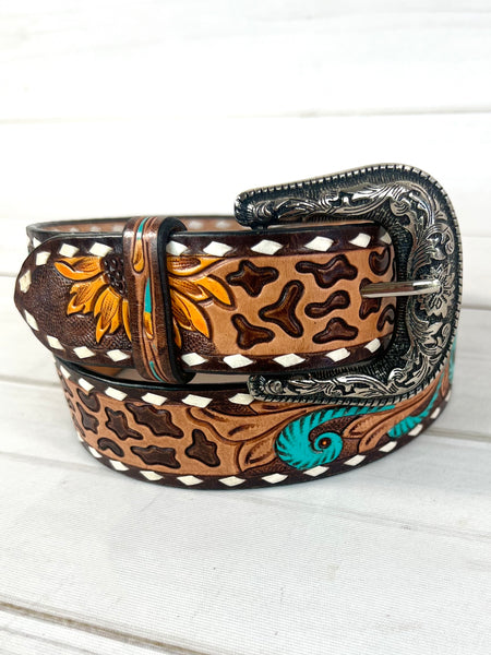 Leopard Sunflower Tooled Leather Woman’s Belt