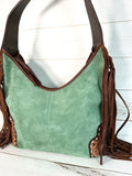 Sage Green Suede and Leather Tooled Hobo Fringe Handbag
