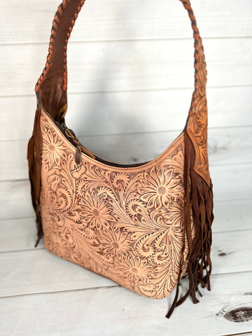 Light Leather Floral Tooled Hobo Fringe Handbag