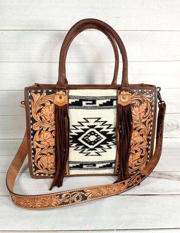 Diamond Aztec Black and Cream Pattern Wool Large Tote with Dark Leather Floral Tooling