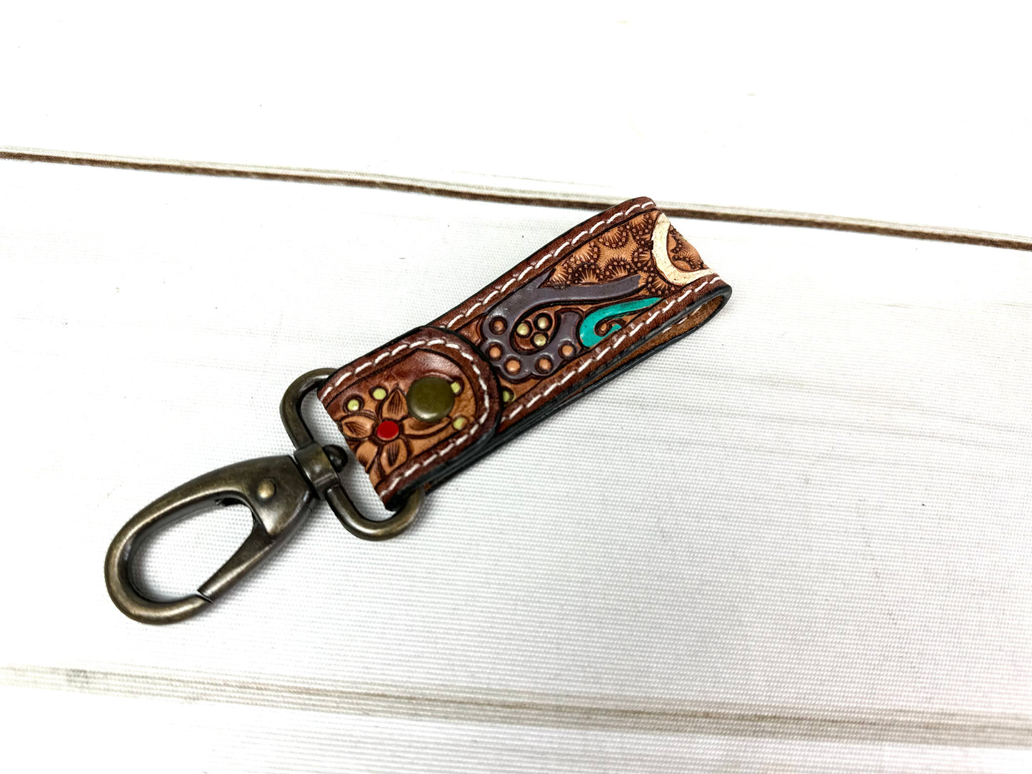 Tooled Leather Tab Key Fob