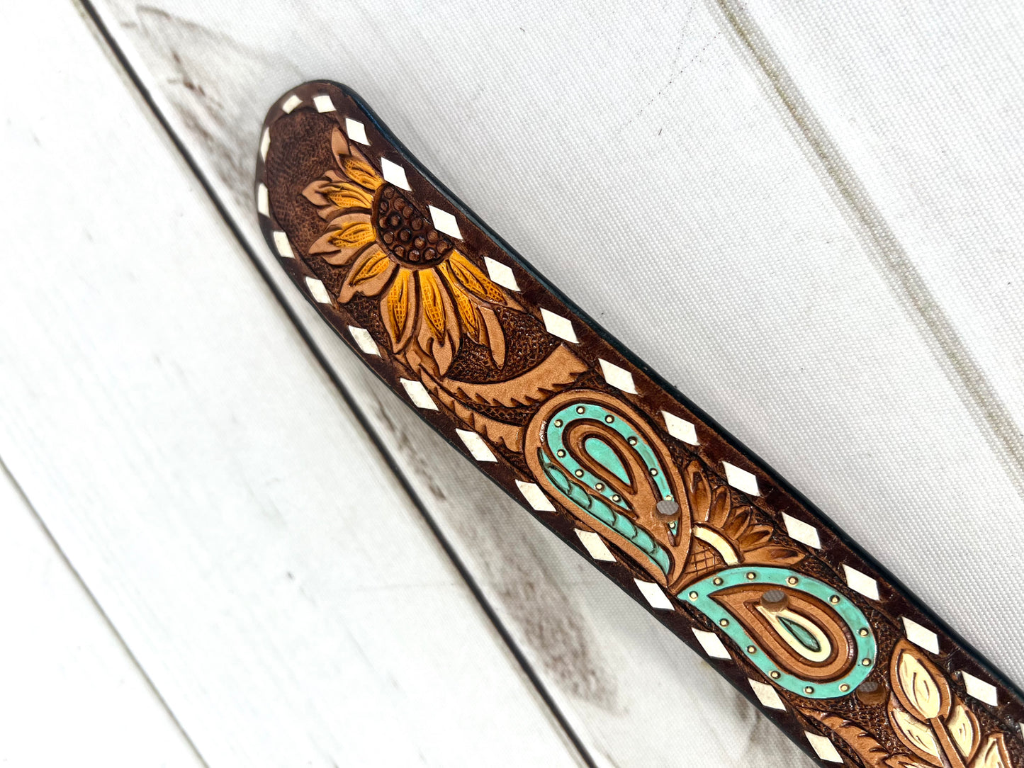 Sunflower Feather Paisley Tooled Leather Woman’s Belt