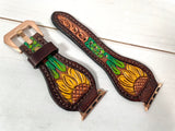 Sunflower Cactus Tooled Leather Watch Band