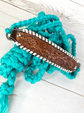 Leather Tooled Cream Whipstitch Band Halter on Turquoise Nylon Muletape
