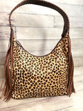 Leopard Pattern on Hide Hobo Fringe Handbag