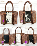 Prescott Black & White Hide Tote with Leather Tooled Sunflowers