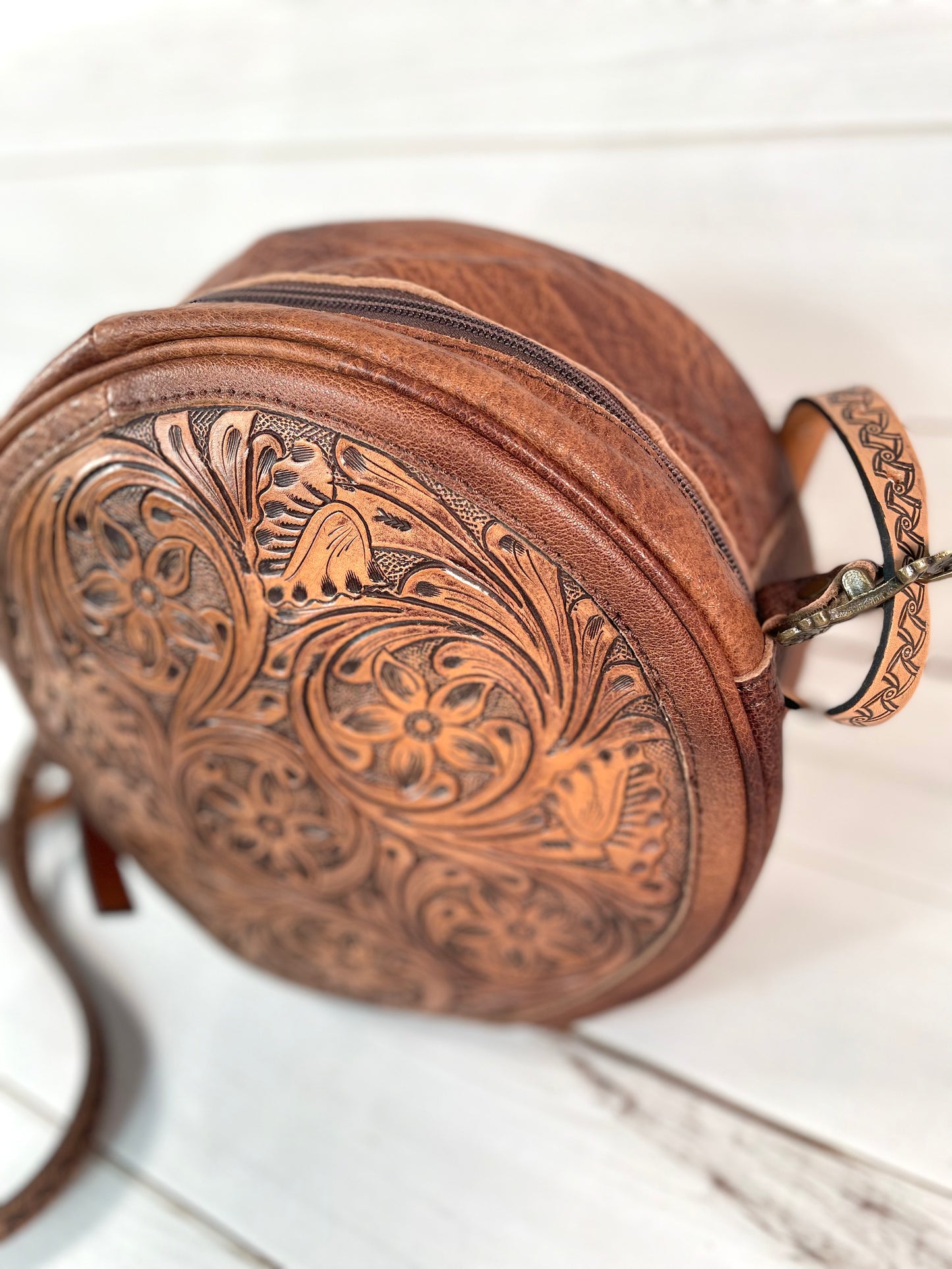 Brown Leather Floral Tooled Round Canteen Crossbody Bag