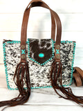 American Cowhide and Turquoise Leather Whipstitched Medium Tote