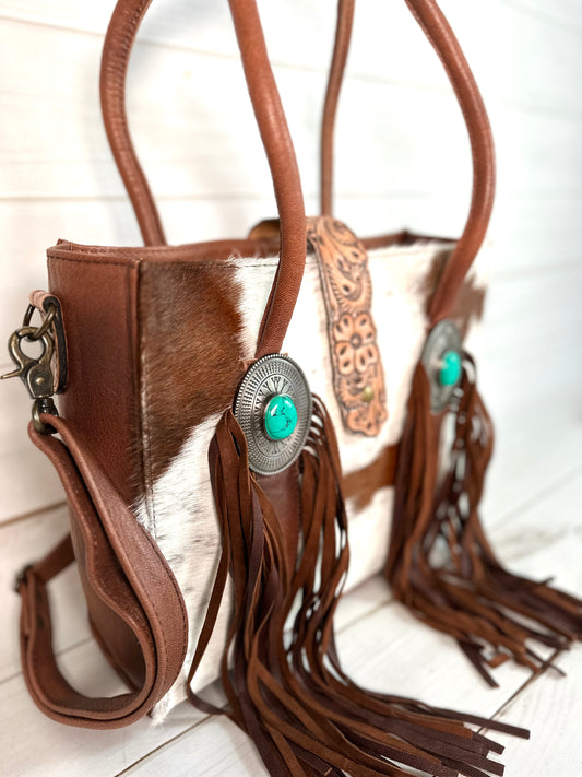 Cowhide and Leather Turquoise Concho Arm Tote